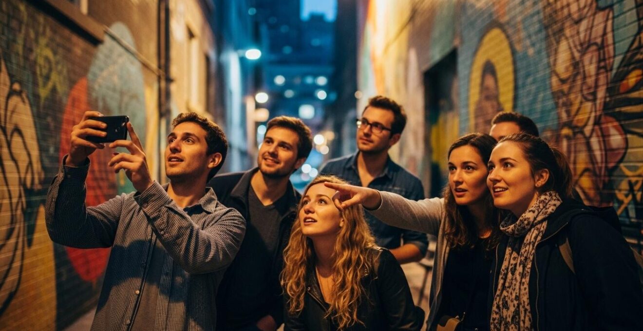 Petit groupe de personnes découvrant des murales en marchant dans une ruelle colorée de Montréal.