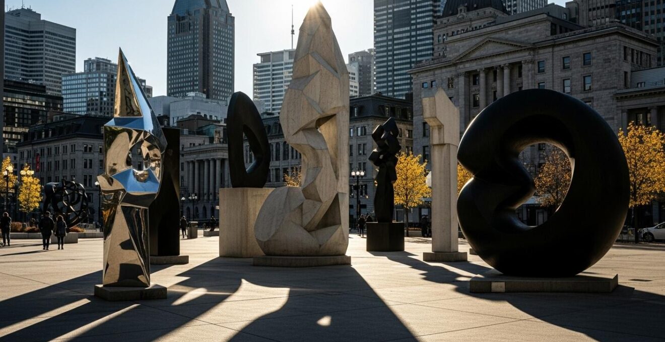 Perspective d'une place urbaine à Montréal présentant plusieurs sculptures contemporaines dispersées.