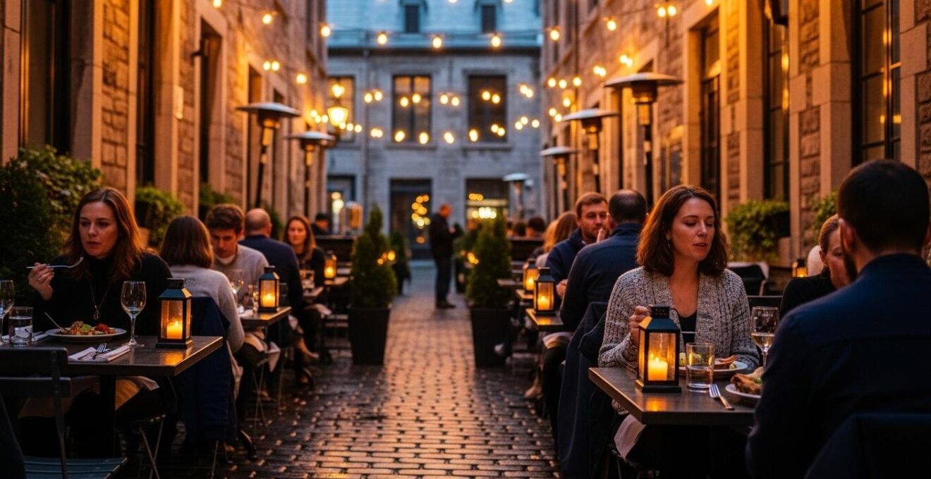 Photographie d'une terrasse extérieure chauffée animée dans une ruelle typique du Vieux-Montréal, avec ambiance conviviale