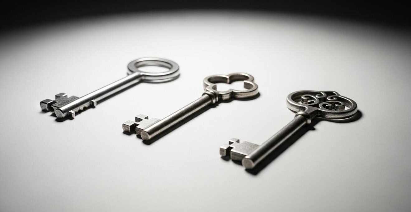Visuel métaphorique représentant l’évaluation artistique à travers trois clés symboliques sur un fond épuré