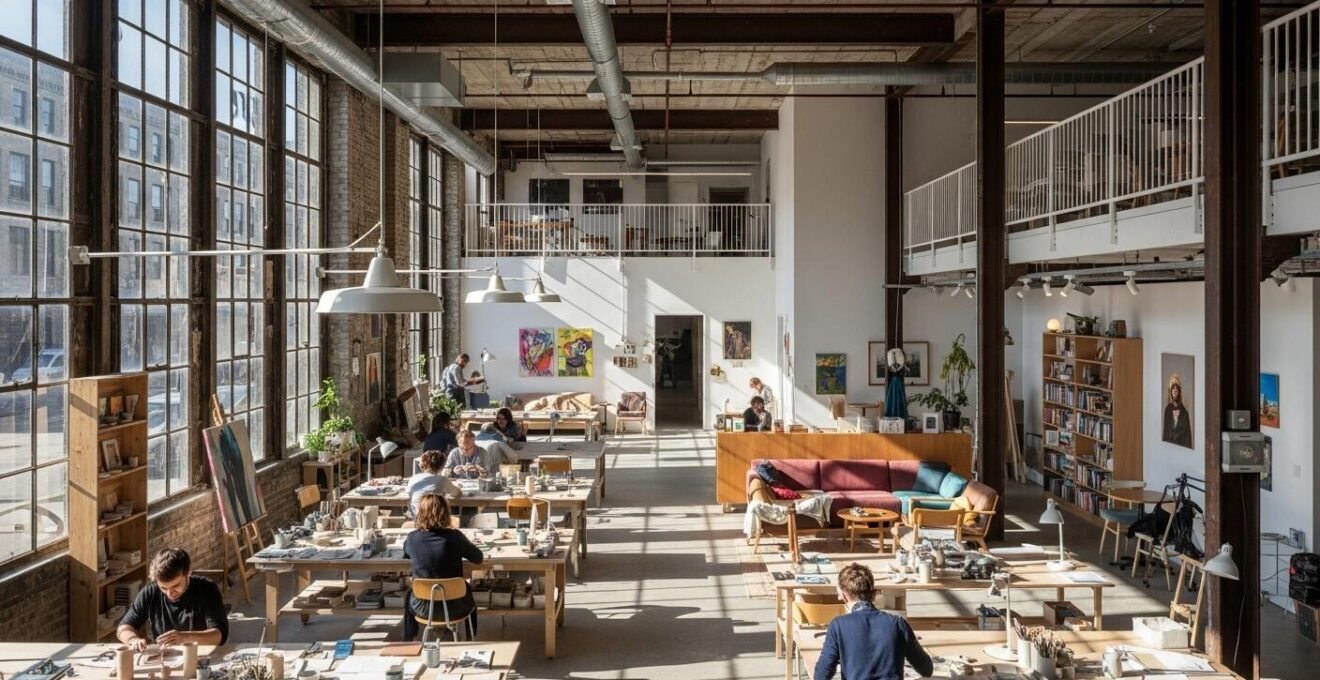 Ancien bâtiment industriel réhabilité en tiers-lieu culturel avec ateliers d'artistes et espaces communautaires