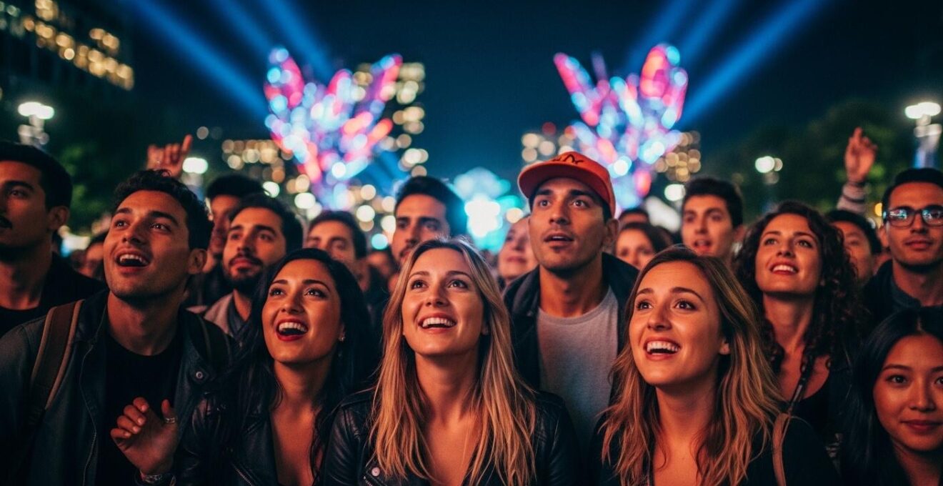 Photo réaliste d'une foule enthousiaste au Quartier des Spectacles à Montréal, illuminée par des jeux de lumières vives lors d'un festival nocturne