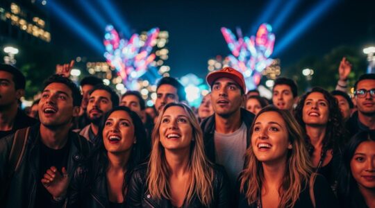 Photo réaliste d'une foule enthousiaste au Quartier des Spectacles à Montréal, illuminée par des jeux de lumières vives lors d'un festival nocturne