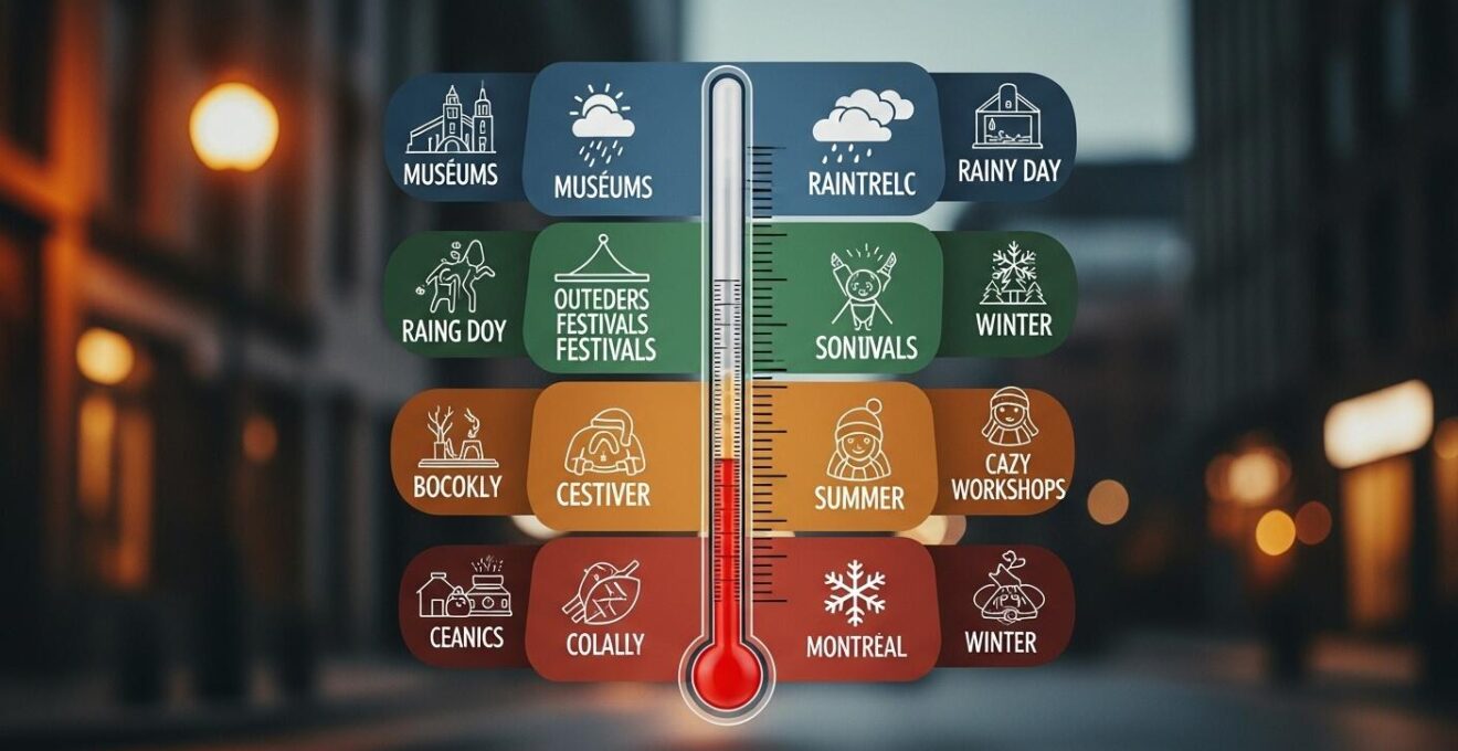 Illustration symbolique d’activités culturelles à Montréal en fonction des saisons et de la météo, avec un thermomètre culturel en arrière-plan