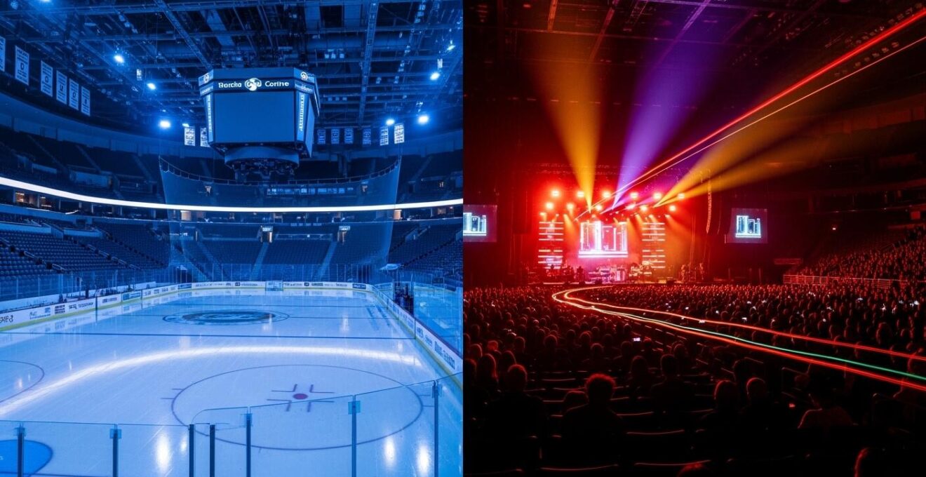 Transformation visuelle du Centre Bell montrant la patinoire et la scène de concert avec effets lumineux dynamiques