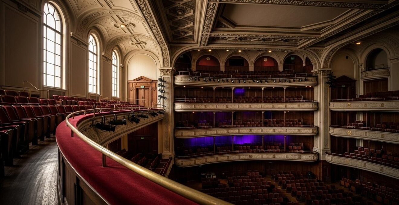 Intérieur d'une salle de concert montrant des éléments architecturaux influençant l'acoustique et l'ambiance