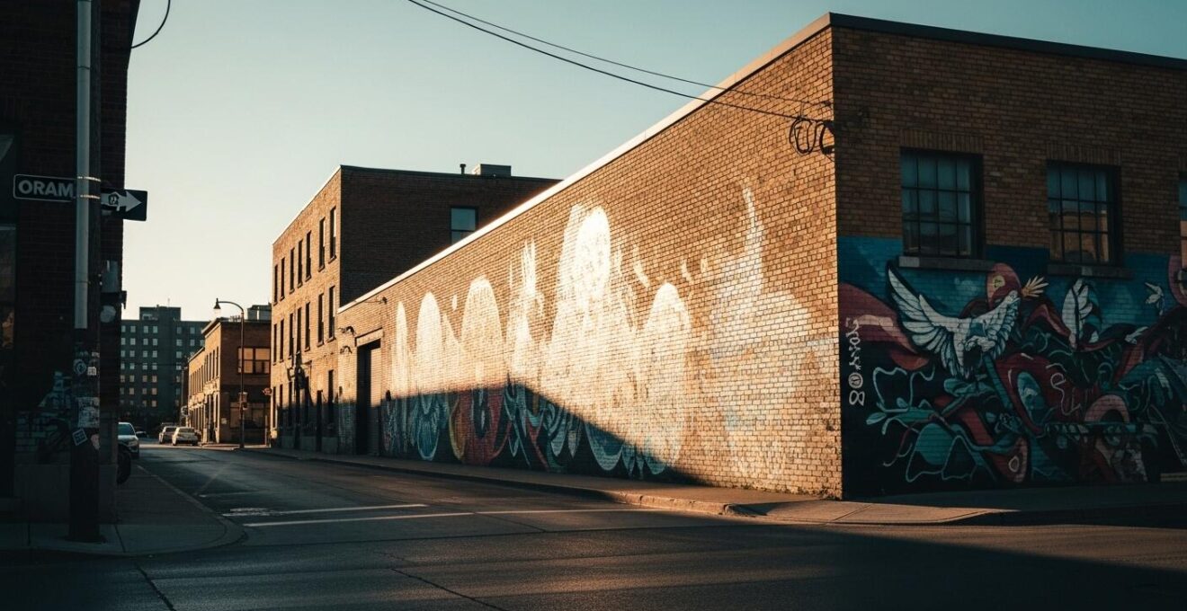 Mur industriel en briques recouvert d’une grande murale colorée typique du quartier Mile End à Montréal