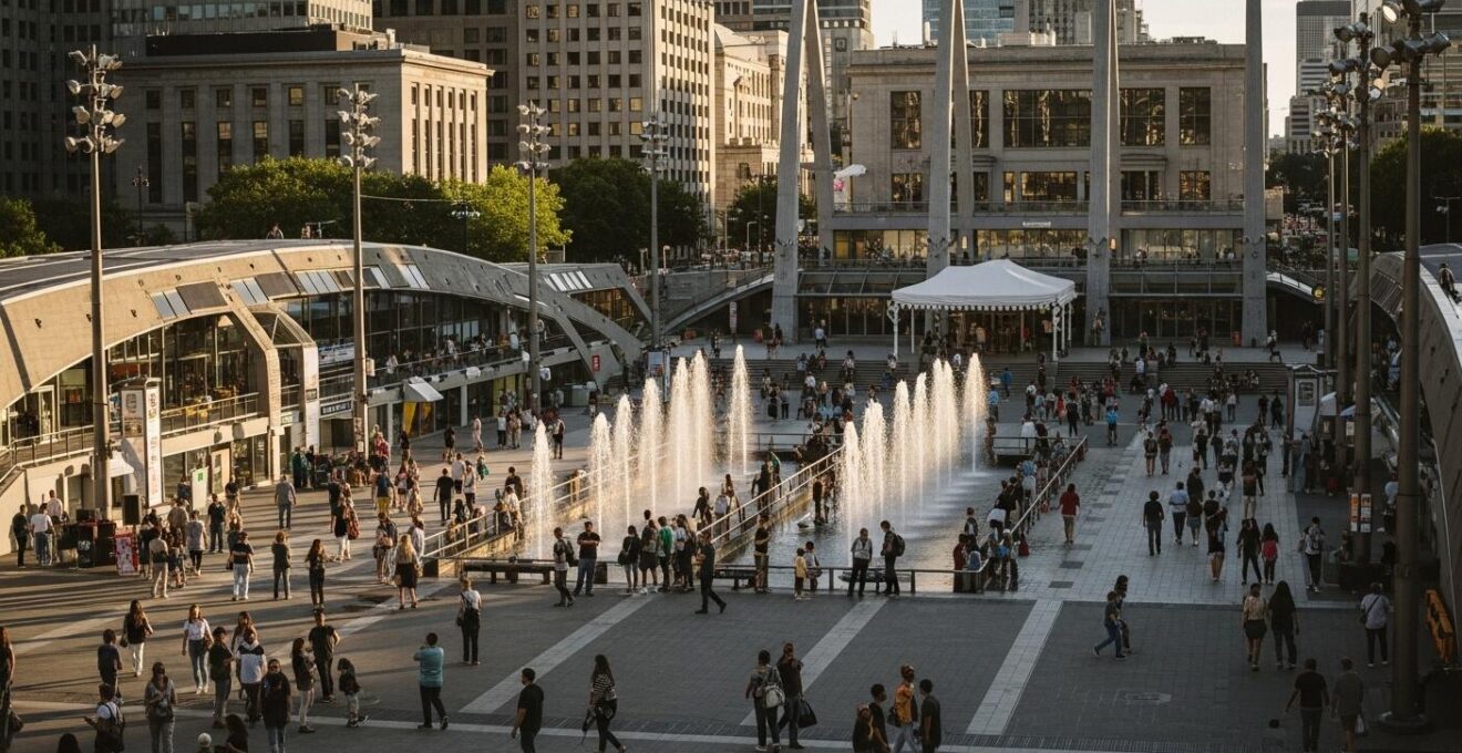Vue détaillée de la Place des Festivals montrant ses éléments d'architecture urbaine comme jets d'eau, mats d'éclairage et zones de foule
