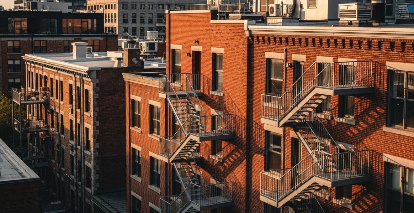 Bâtiments traditionnels montréalais avec escaliers extérieurs, briques rouges et toits plats sous lumière dorée