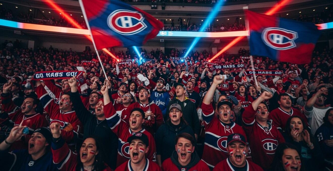 Supporters passionnés chantant et agitant des drapeaux au Centre Bell pendant un match des Canadiens