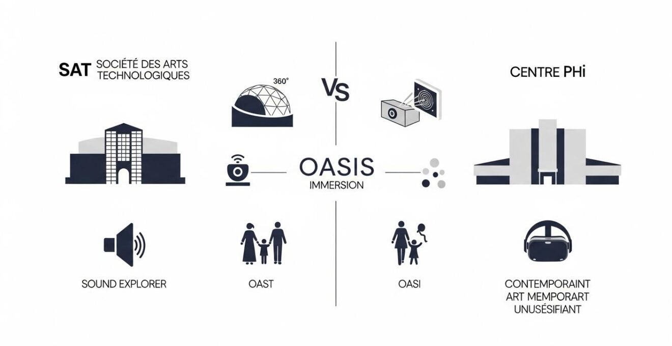 Illustration comparative des trois principaux lieux d'art immersif Montréalais : SAT, OASIS immersion et Centre Phi, avec symboles des technologies et profils visiteurs