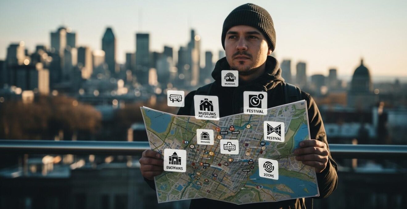 Vue panoramique d'un voyageur curateur tenant une carte culturelle de Montréal avec des icônes symbolisant musées, galeries et événements culturels
