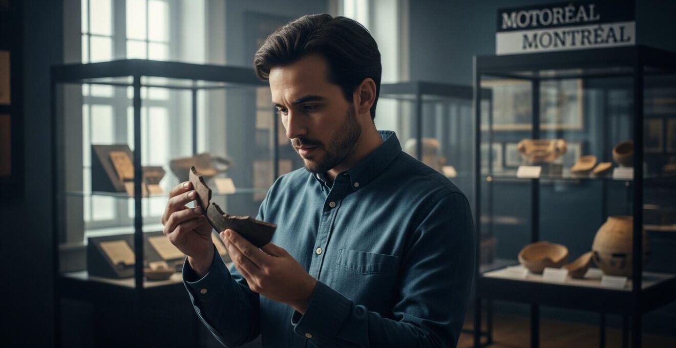 Un archéologue étudiant attentivement un tesson de poterie dans un musée d'archéologie à Montréal, avec des vitrines d'artefacts en arrière-plan
