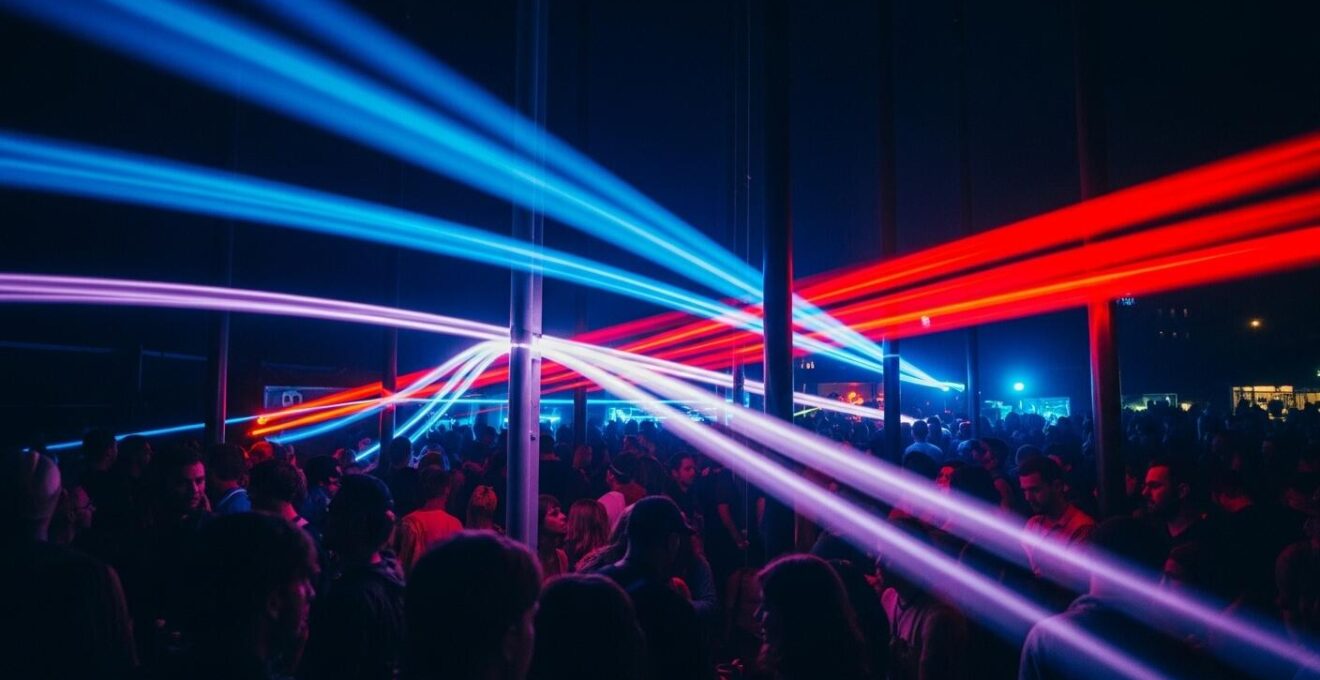 Installation lumineuse artistique et colorée active les émotions des festivaliers au Quartier des Spectacles à Montréal.