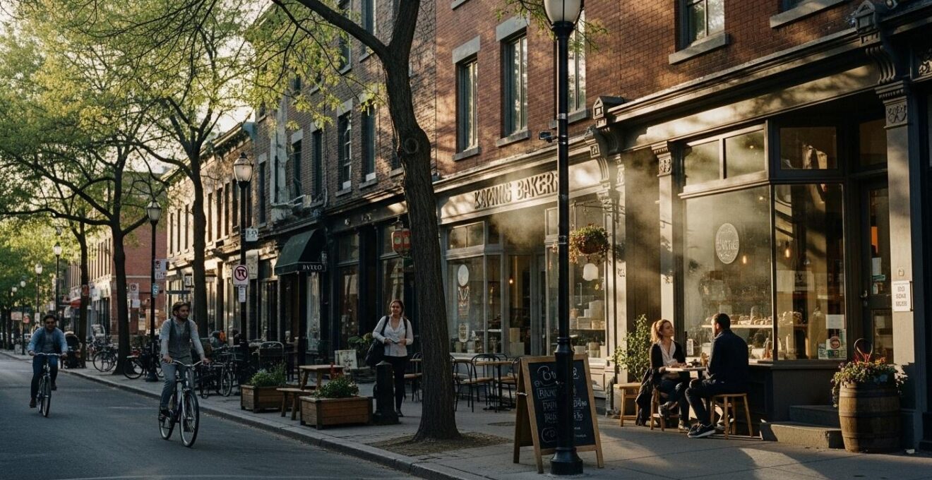 Rue typique d’un quartier montréalais avec commerces locaux et habitants en interaction, ambiance chaleureuse et sensorielle