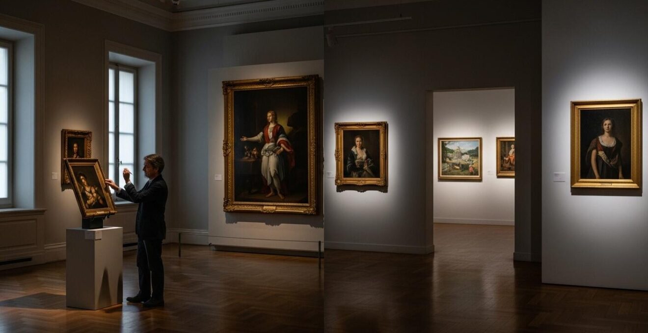 Photographie symbolique montrant un curateur explorant un musée classique et découvrant une galerie d’art cachée à Montréal