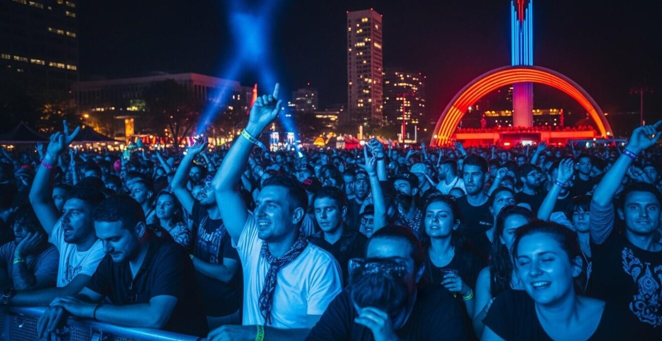 Vue immersive du Quartier des Spectacles à Montréal en pleine effervescence avec une foule vibrante et un spectacle lumineux vibrant.