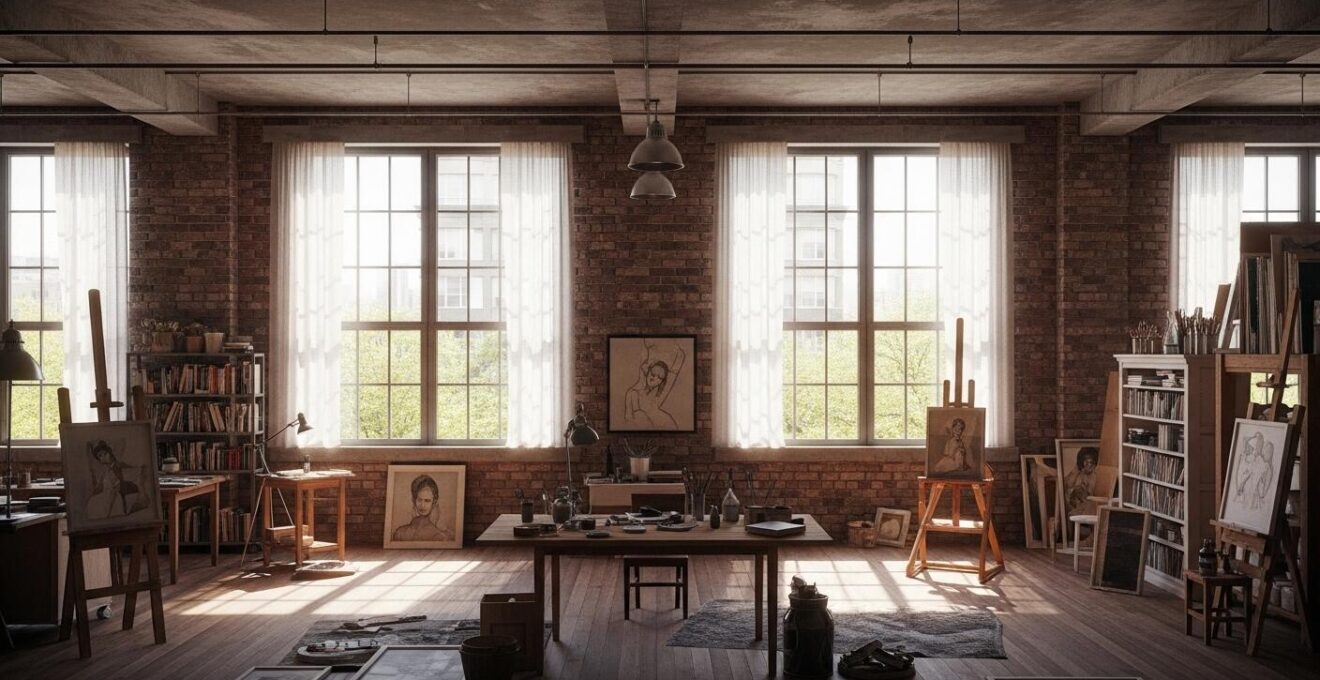 Intérieur lumineux et spacieux d'un loft d'artiste aménagé dans une ancienne manufacture textile à Mile End, avec des œuvres d'art et du matériel créatif