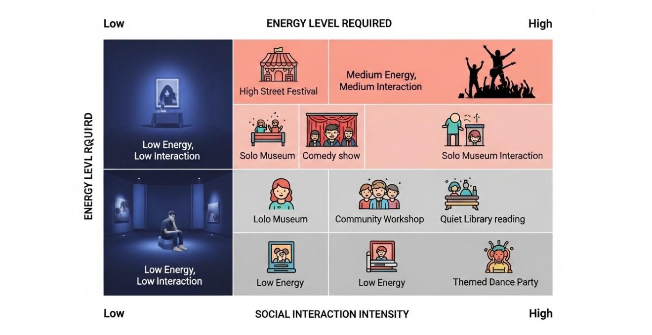 Matrice graphique croisant niveau d’énergie et niveau d’interaction sociale pour choisir une activité culturelle