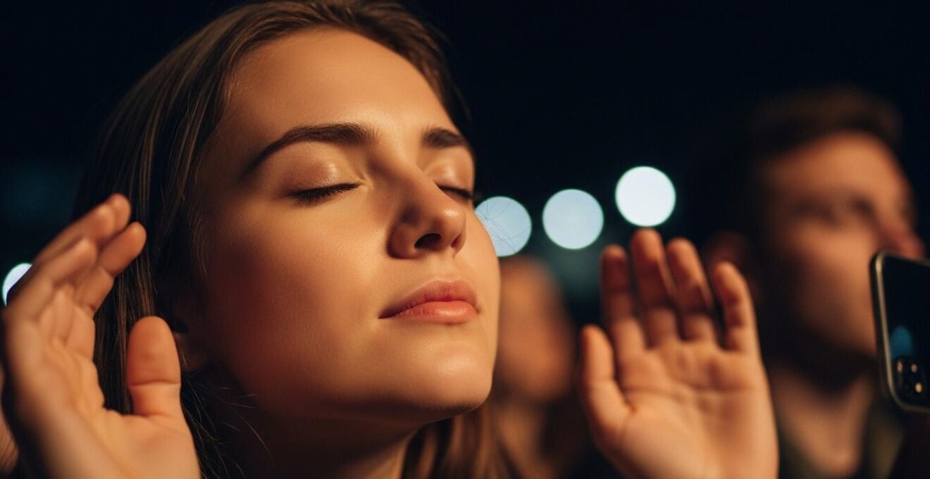 Festivalier absorbé par les sons et sensations physiques d'un concert en pleine immersion, sans utiliser son smartphone.