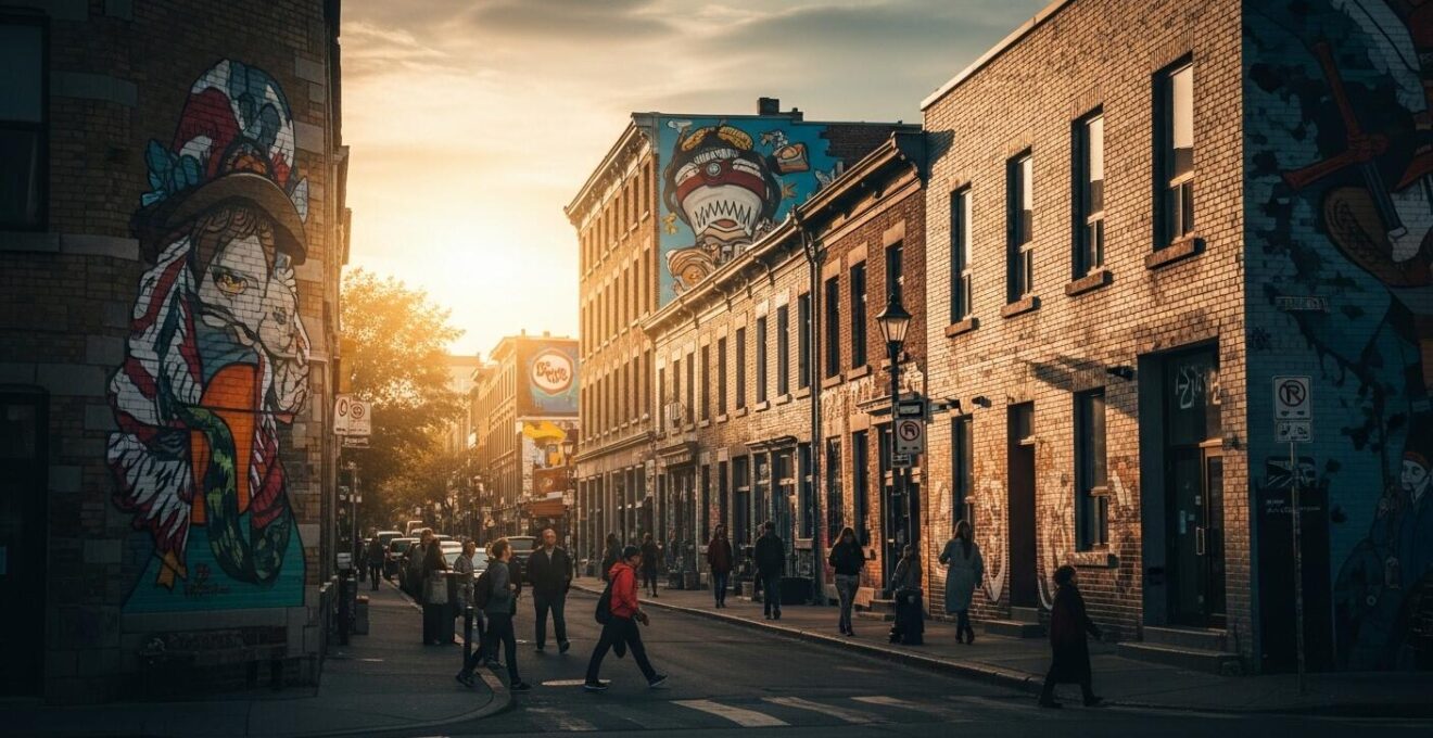 Vue panoramique d'une rue iconique du Mile End à Montréal avec plusieurs murales de street art colorées sur les bâtiments, ambiance vibrante et urbaine