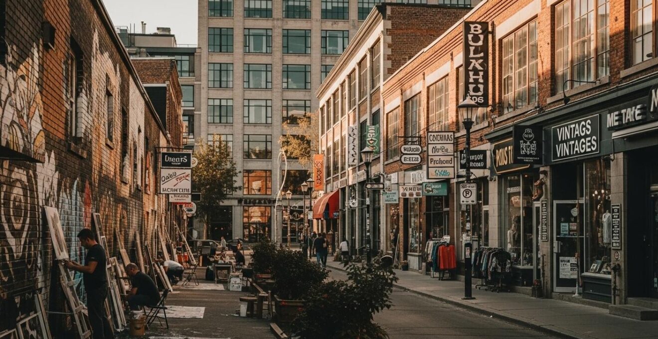 Vue panoramique du quartier Mile End à Montréal, montrant ses bâtiments anciens, ses commerces créatifs et des artistes dans les rues