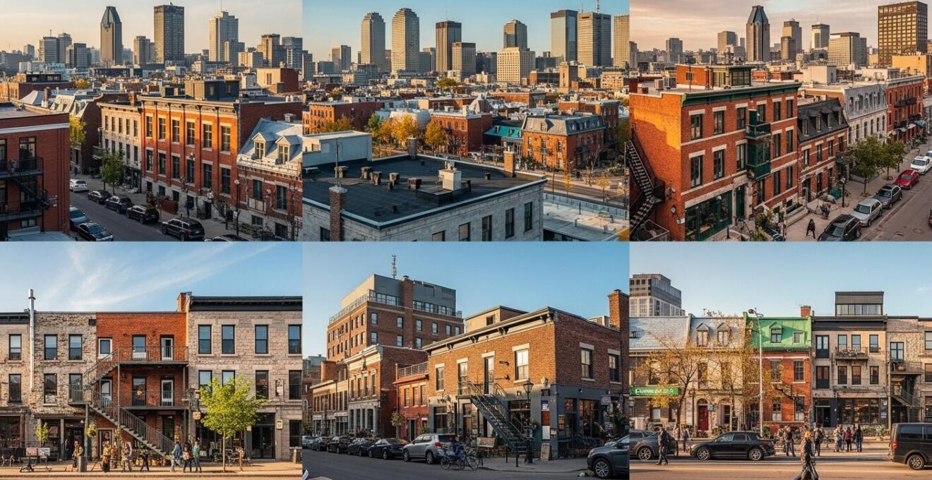 Vue panoramique colorée de plusieurs quartiers de Montréal montrant des styles architecturaux variés et des habitants engagés dans des activités culturelles et artistiques