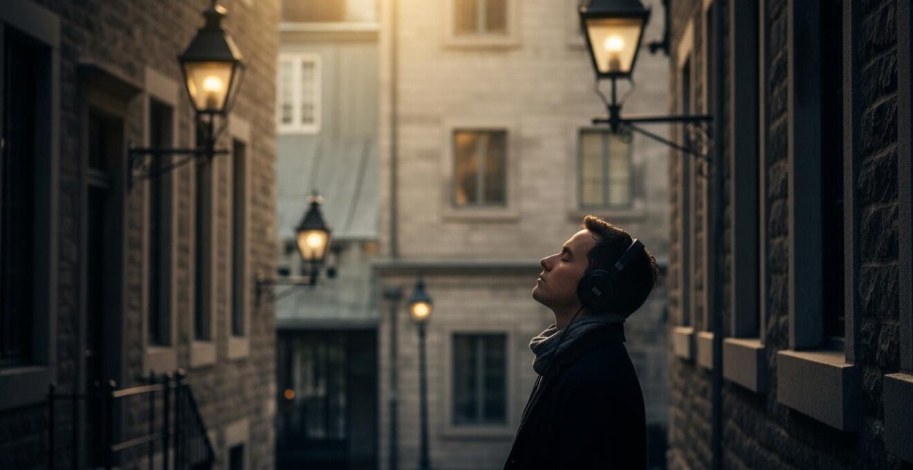 Personne avec les yeux fermés au milieu d'une ruelle historique du Vieux-Montréal, écoutant attentivement