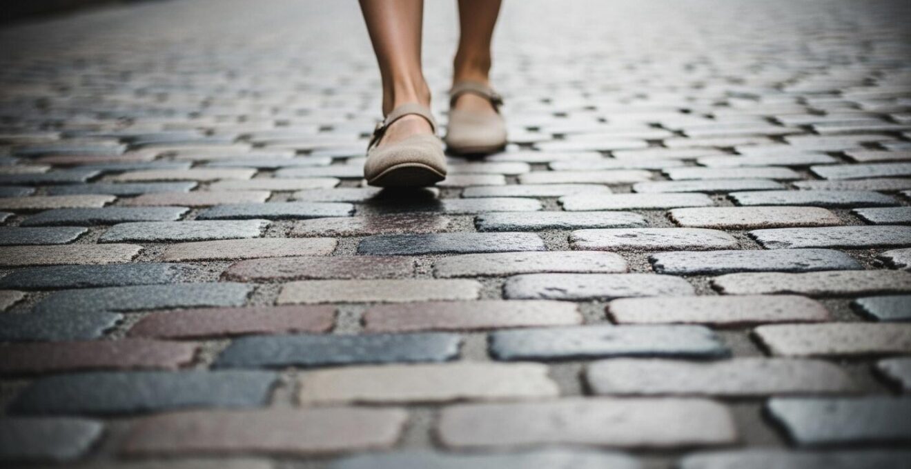 Détail en gros plan des pavés irréguliers du Vieux-Montréal avec une personne marchant lentement en pleine conscience