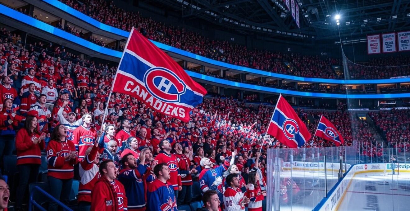 Vue panoramique du Centre Bell rempli de fans vibrants lors d'un premier match de hockey, ambiance intense et festive