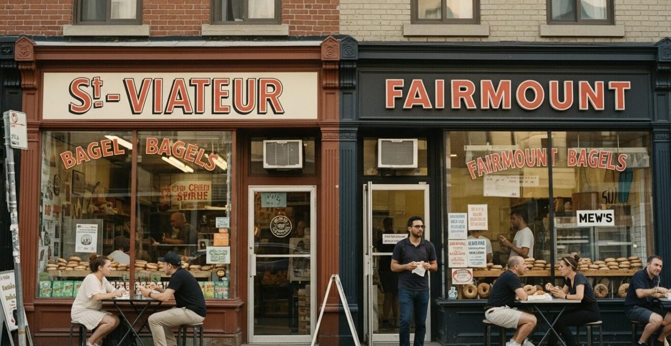 Une scène animée devant les deux boulangeries emblématiques de bagels St-Viateur et Fairmount à Montréal, avec des clients discutant et dégustant des bagels