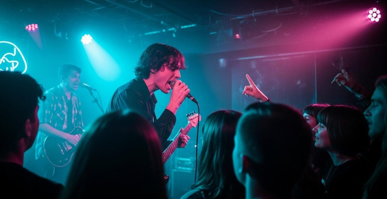 Artiste sur scène dans un club sombre de Montréal avec ambiance indierock, darkwave, lumière tamisée et public captivé.