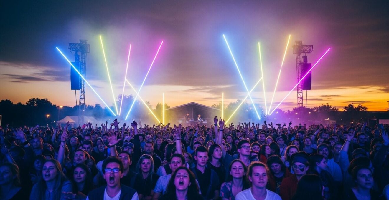 Vue spectaculaire d'une foule électrique dans un concert à Montréal avec des effets lumineux dynamiques
