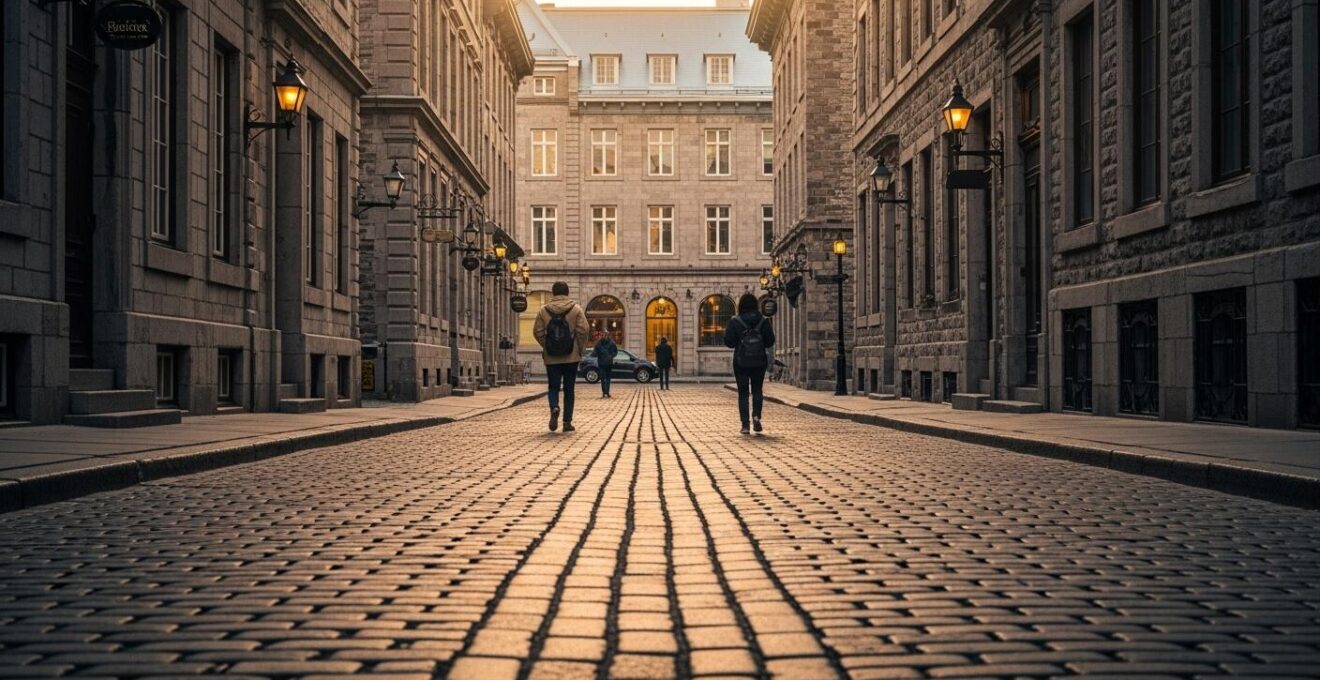 Rue pavée du Vieux-Montréal au coucher du soleil avec détails architecturaux historiques et silhouettes de visiteurs attentifs