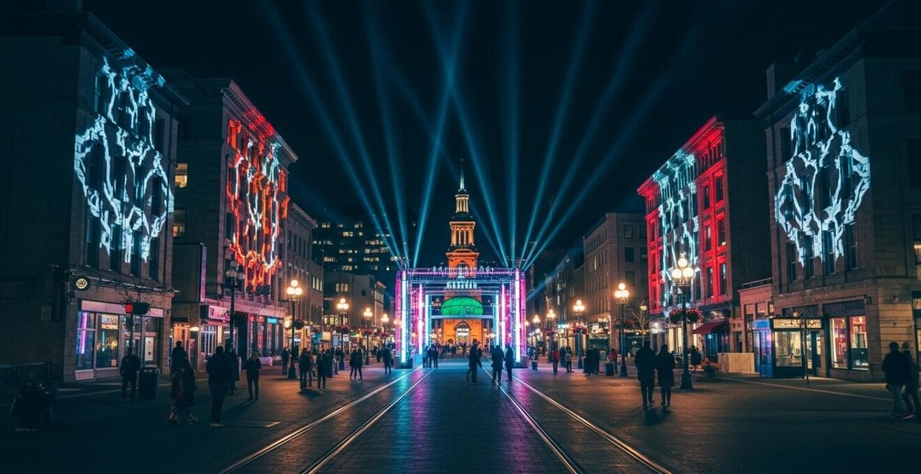 Vue nocturne du Quartier des Spectacles à Montréal avec installations lumineuses et façades animées