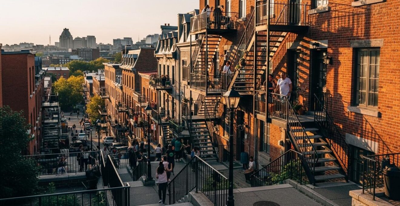 Vue panoramique du quartier du Plateau-Mont-Royal montrant ses célèbres escaliers extérieurs en fer forgé, ses maisons colorées et une ambiance urbaine vivante