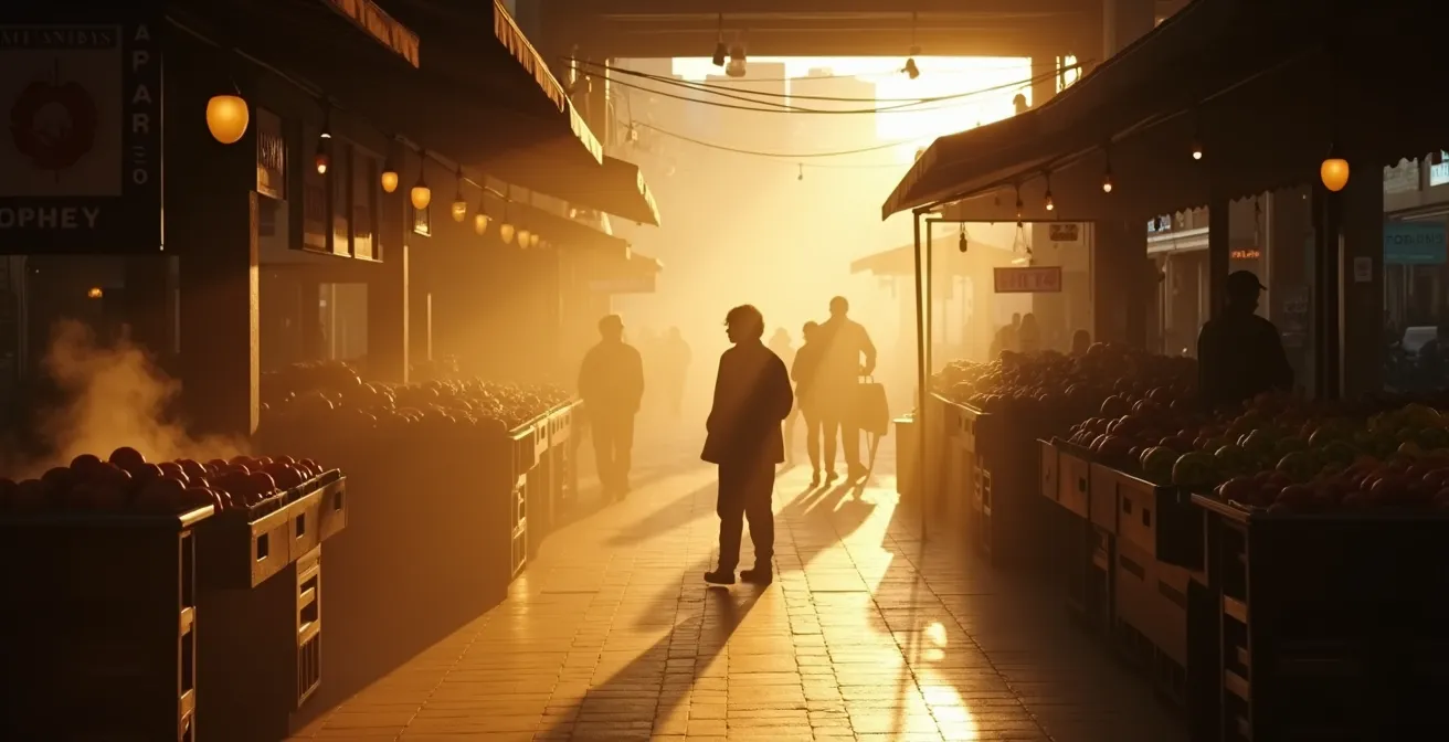 Vue atmosphérique d'un marché public montréalais tôt le matin avec la lumière dorée traversant la brume