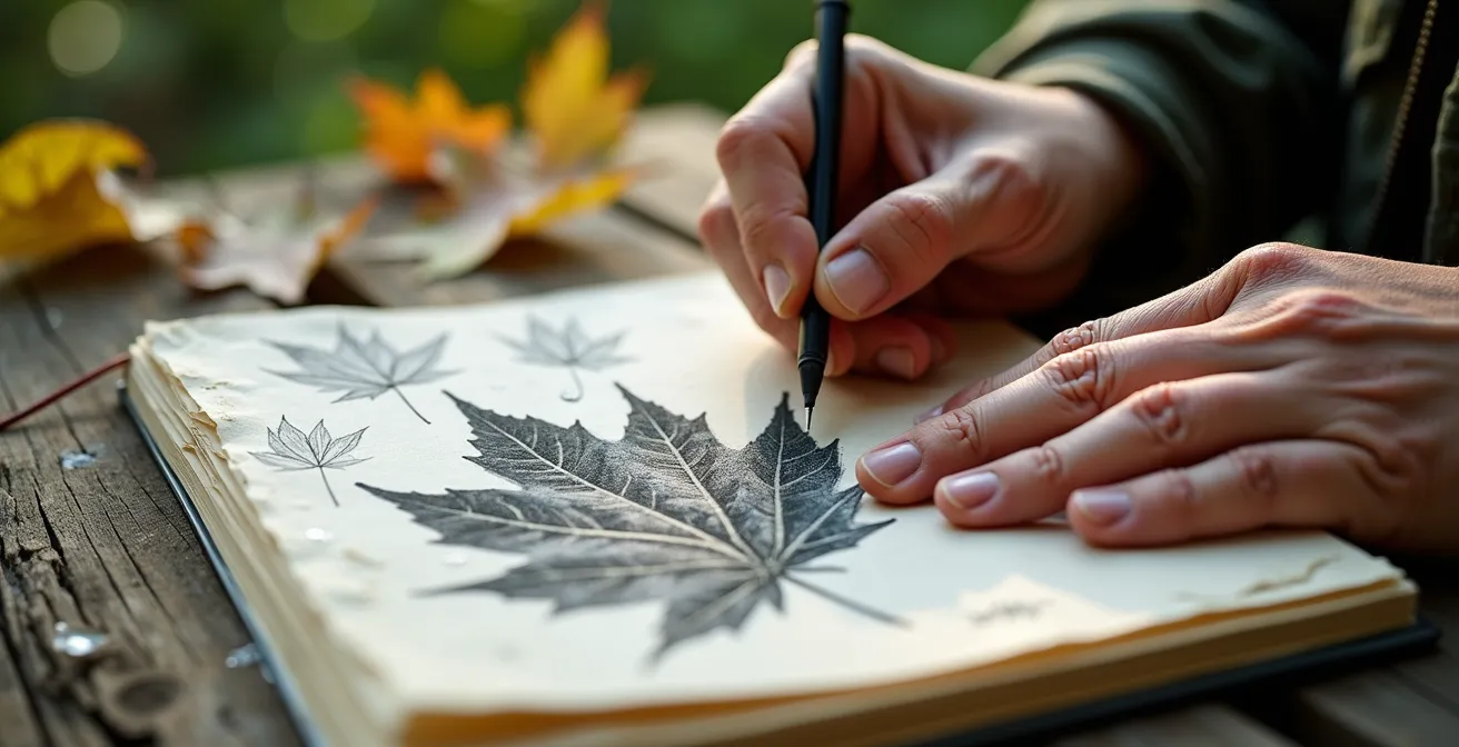 Gros plan sur des mains esquissant délicatement une feuille d'érable avec fusain, carnet ouvert sur un banc de bois usé
