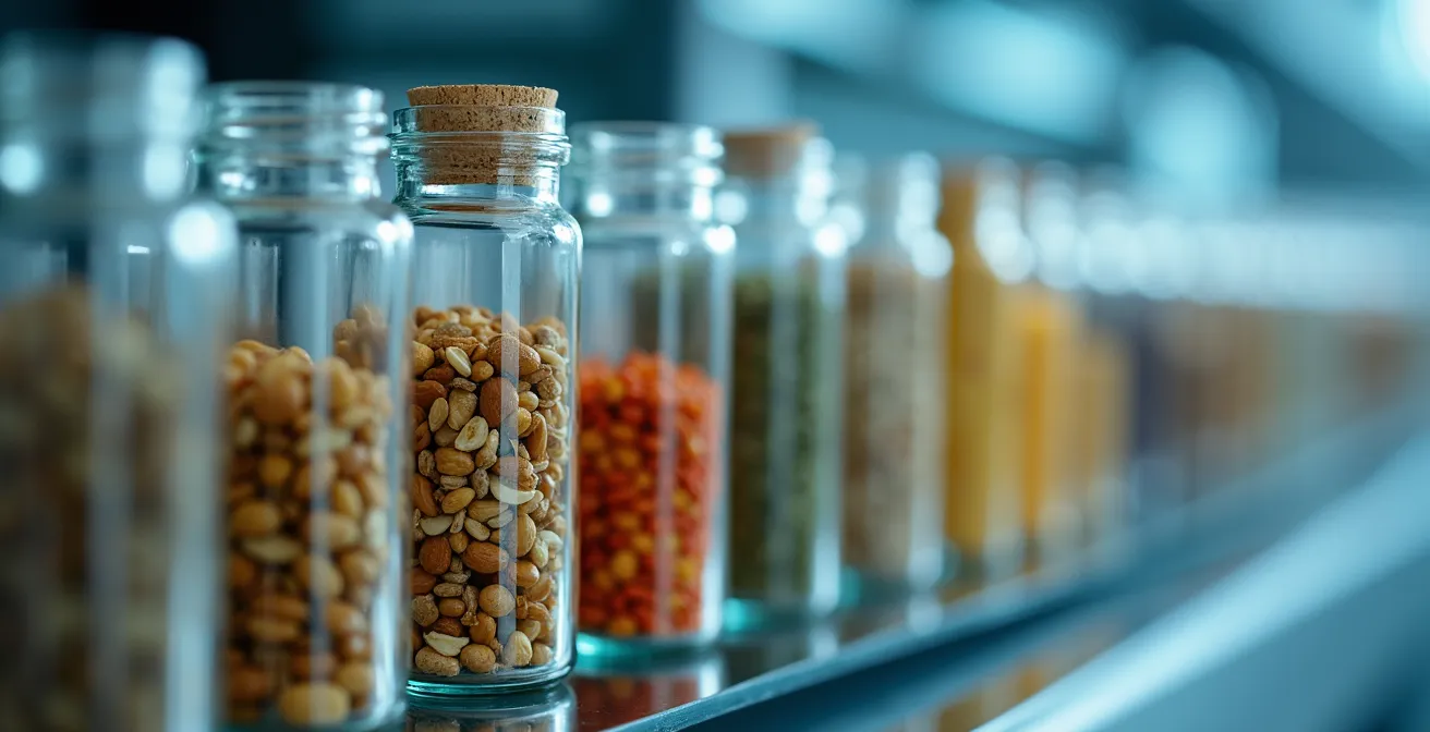 Vue macro de graines conservées dans des tubes de verre étiquetés dans la banque de semences