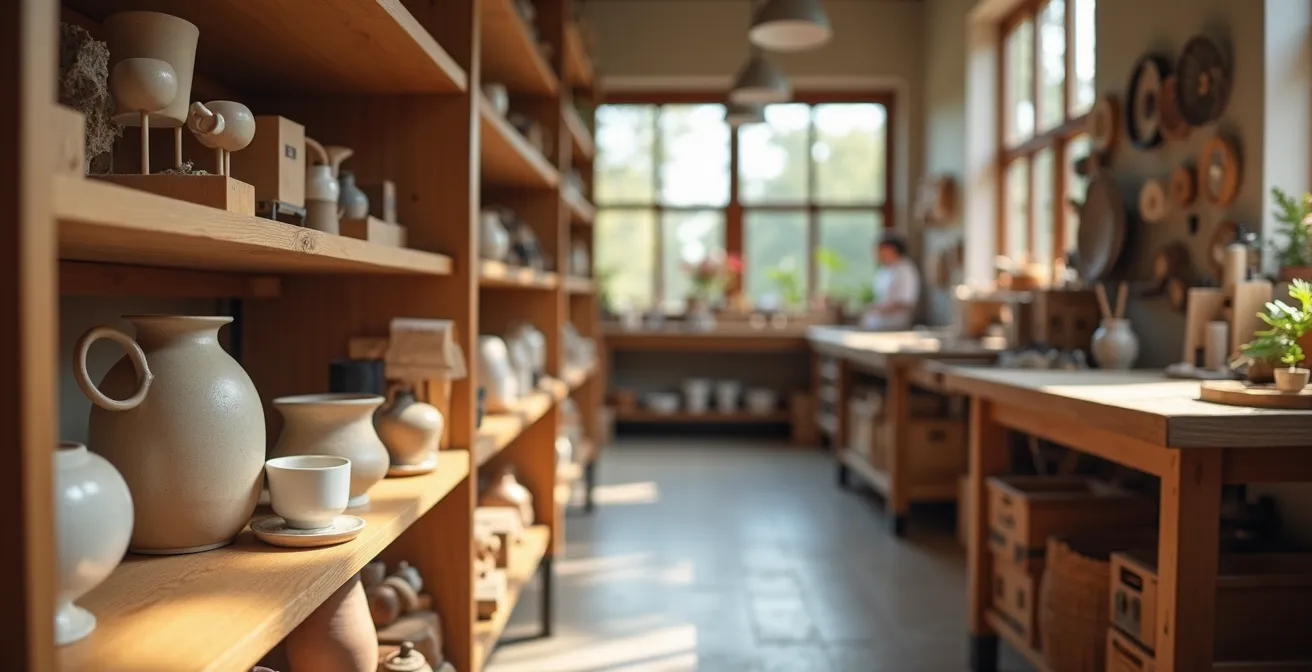 Intérieur d'une boutique-atelier d'artisanat authentique avec espace de travail visible