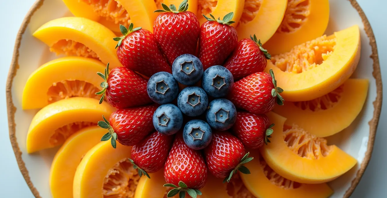Arrangement artistique de produits saisonniers québécois disposés en cercle représentant les quatre saisons