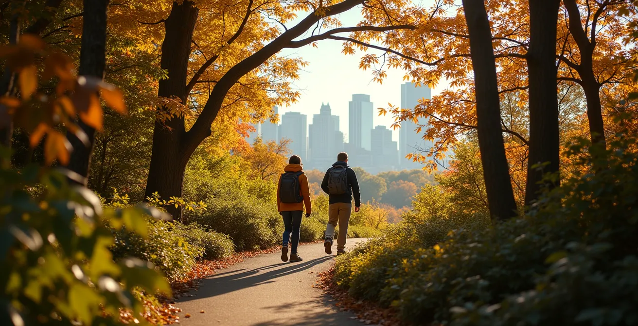 Sentier serpentant d'Olmsted à travers la forêt du Mont-Royal révélant progressivement la vue