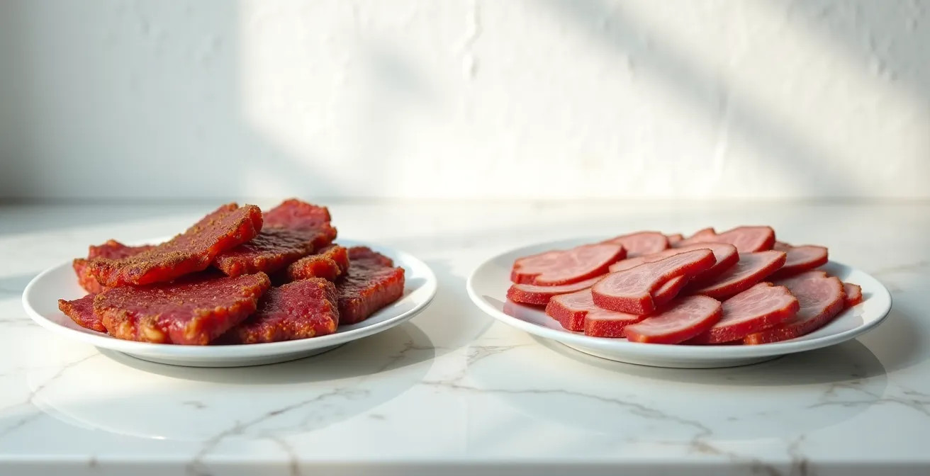 Comparaison visuelle entre tranches de smoked meat artisanal et industriel