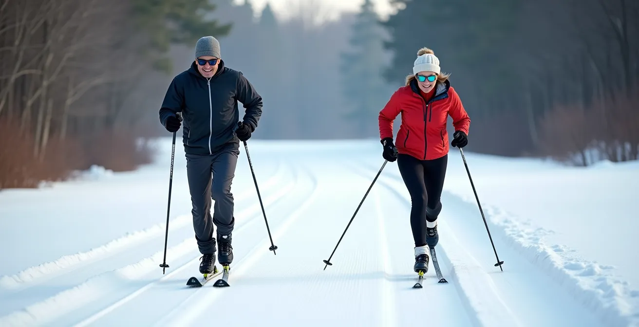 Deux skieurs côte à côte démontrant les techniques classique et skating sur une piste damée du parc Jean-Drapeau
