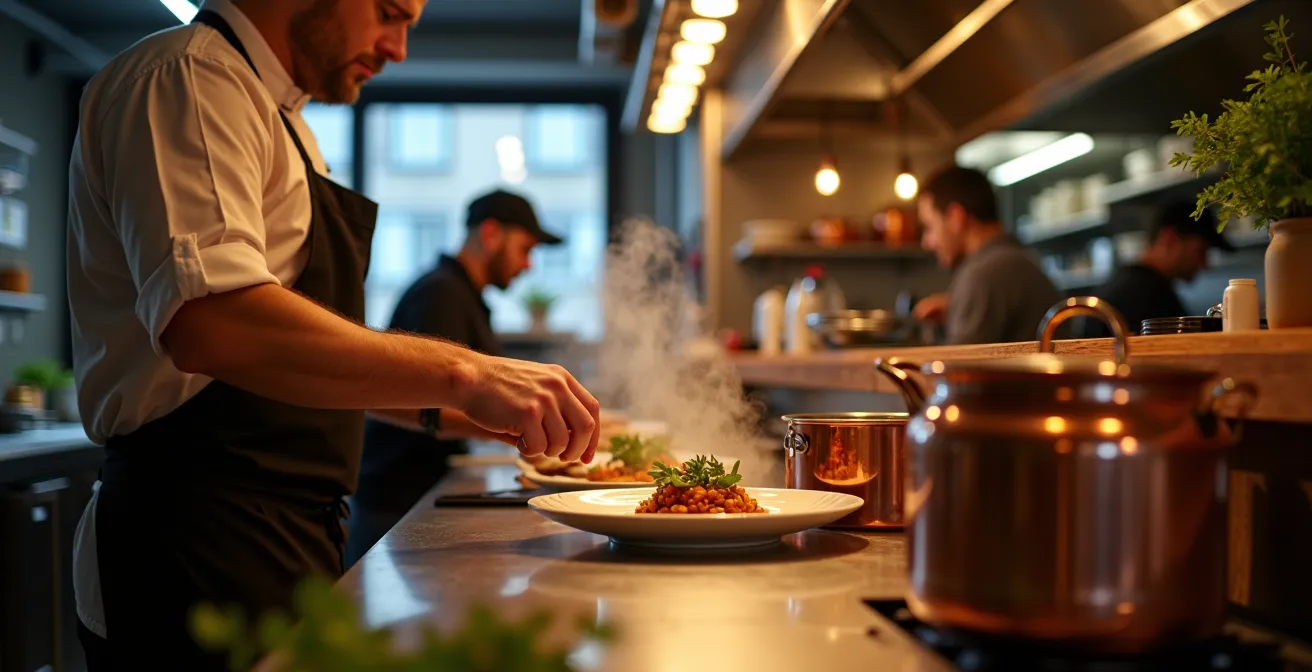 Comptoir de chef avec cuisine ouverte dans un restaurant montréalais branché