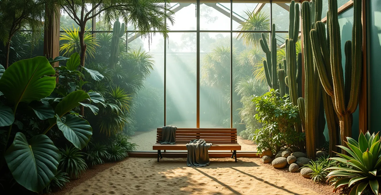 Juxtaposition visuelle entre végétation tropicale dense et collection de cactus dans les serres