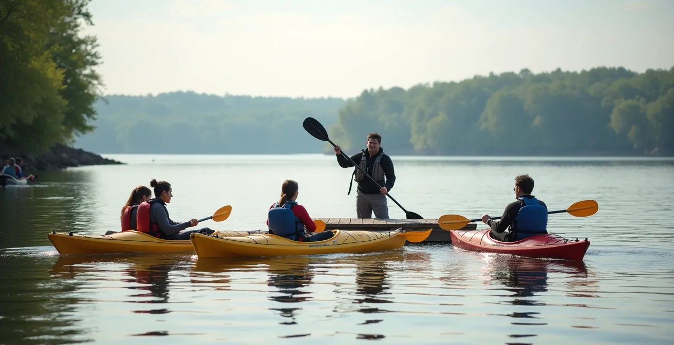Groupe de débutants en formation kayak avec instructeur certifié sur eau calme