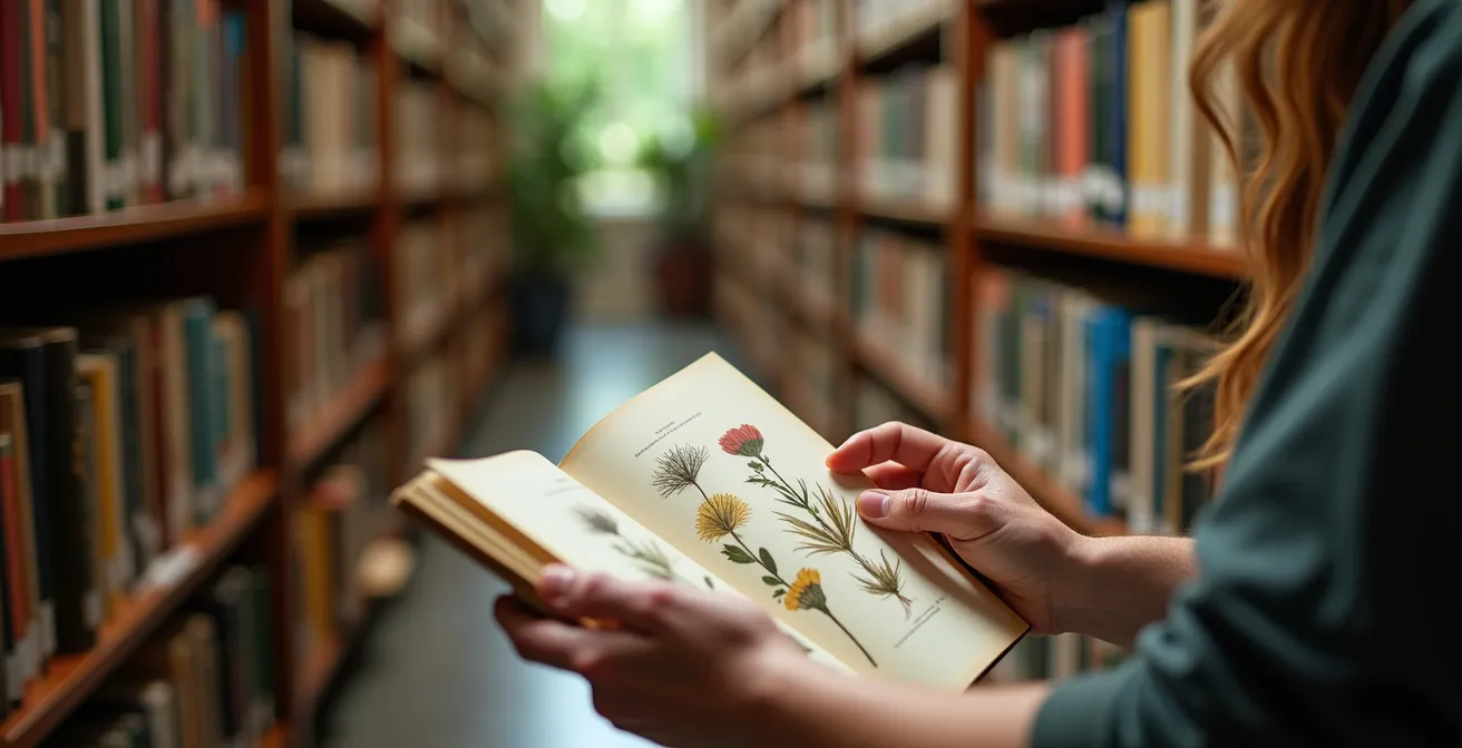 Intérieur lumineux de la bibliothèque du Jardin botanique avec ses rayonnages de livres horticoles