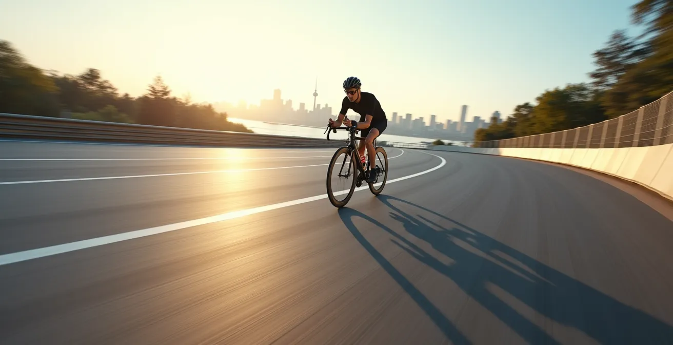 Cycliste en action sur le circuit Gilles-Villeneuve avec vue sur le fleuve