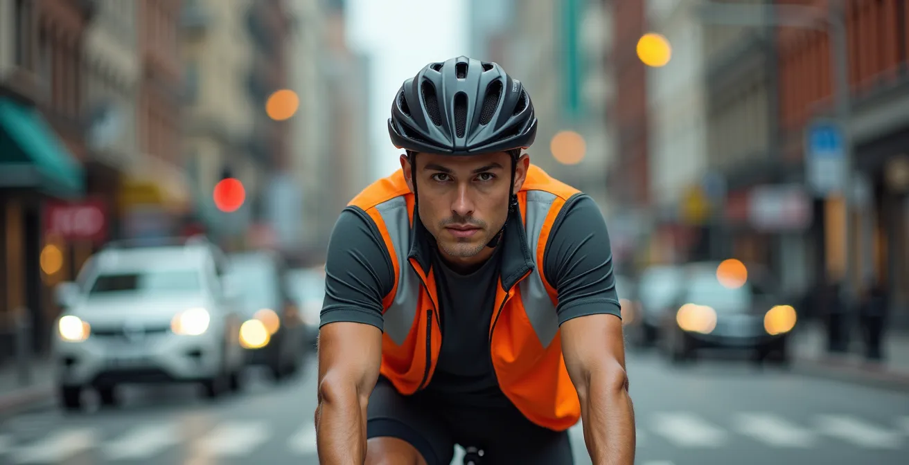 Cycliste attentif à une intersection achalandée de Montréal